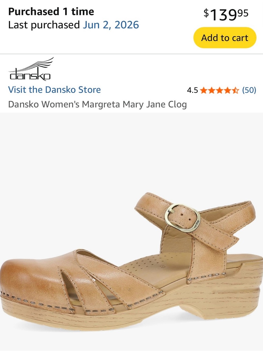 Dansko Tan Leather Mary Jane Clog with Buckle Strap Size 7.5-8